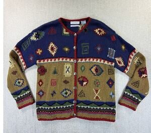 Robert Scott Women's Large Blue Tan Hand Knit Southwest Western Cardigan Sweater